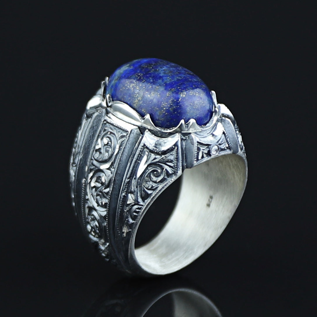 Men Handmade Natural Lapis Lazuli Gemstone Ottoman Style Engraved Ring