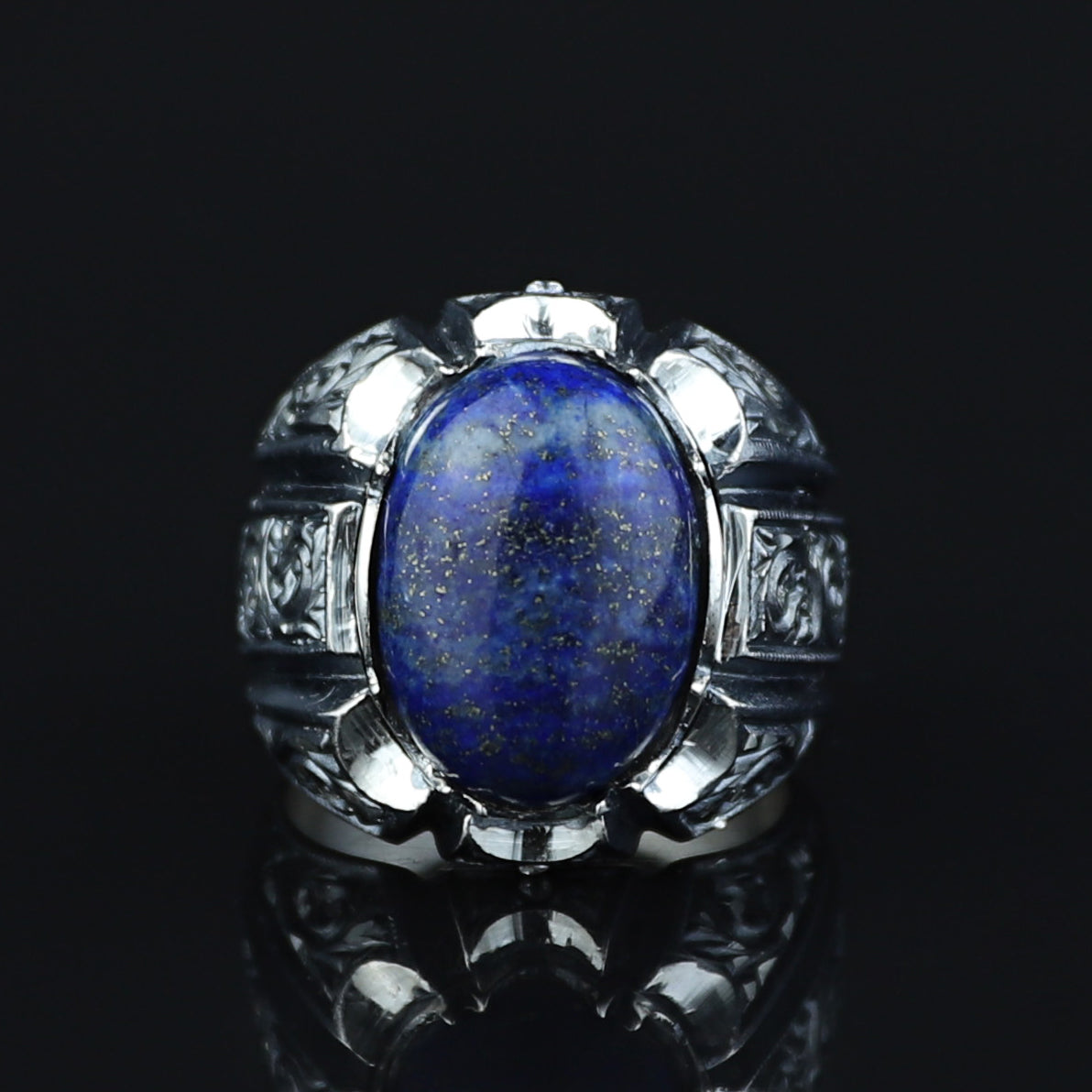 Men Handmade Natural Lapis Lazuli Gemstone Ottoman Style Engraved Ring