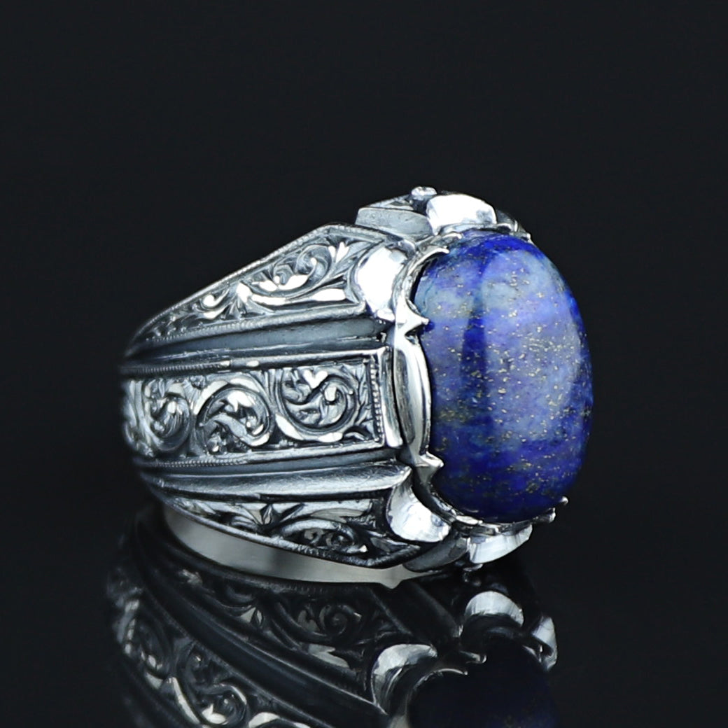 Men Handmade Natural Lapis Lazuli Gemstone Ottoman Style Engraved Ring