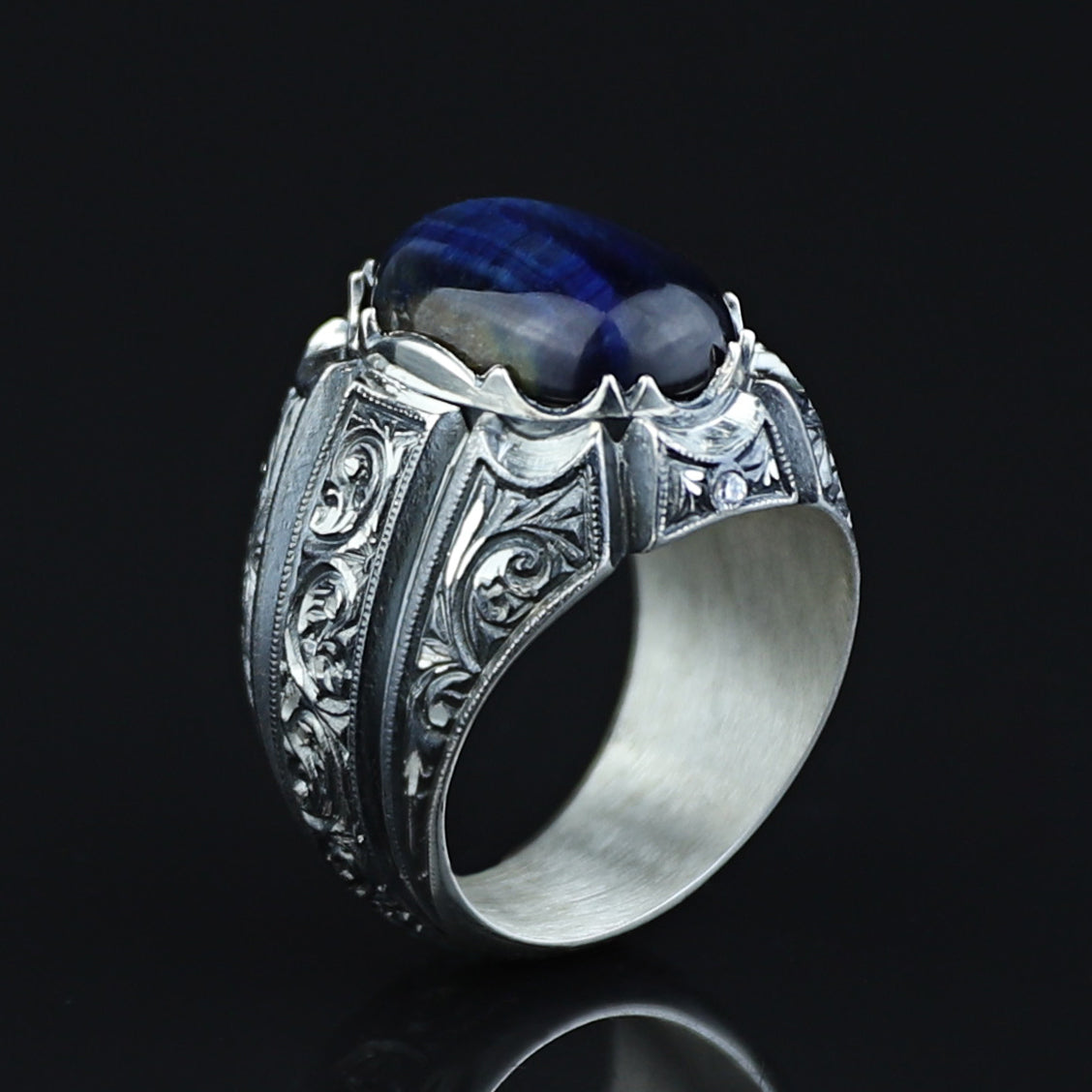 925 Sterling Silver Handmade Blue Tiger Eye Gemstone Ottoman Style Ring