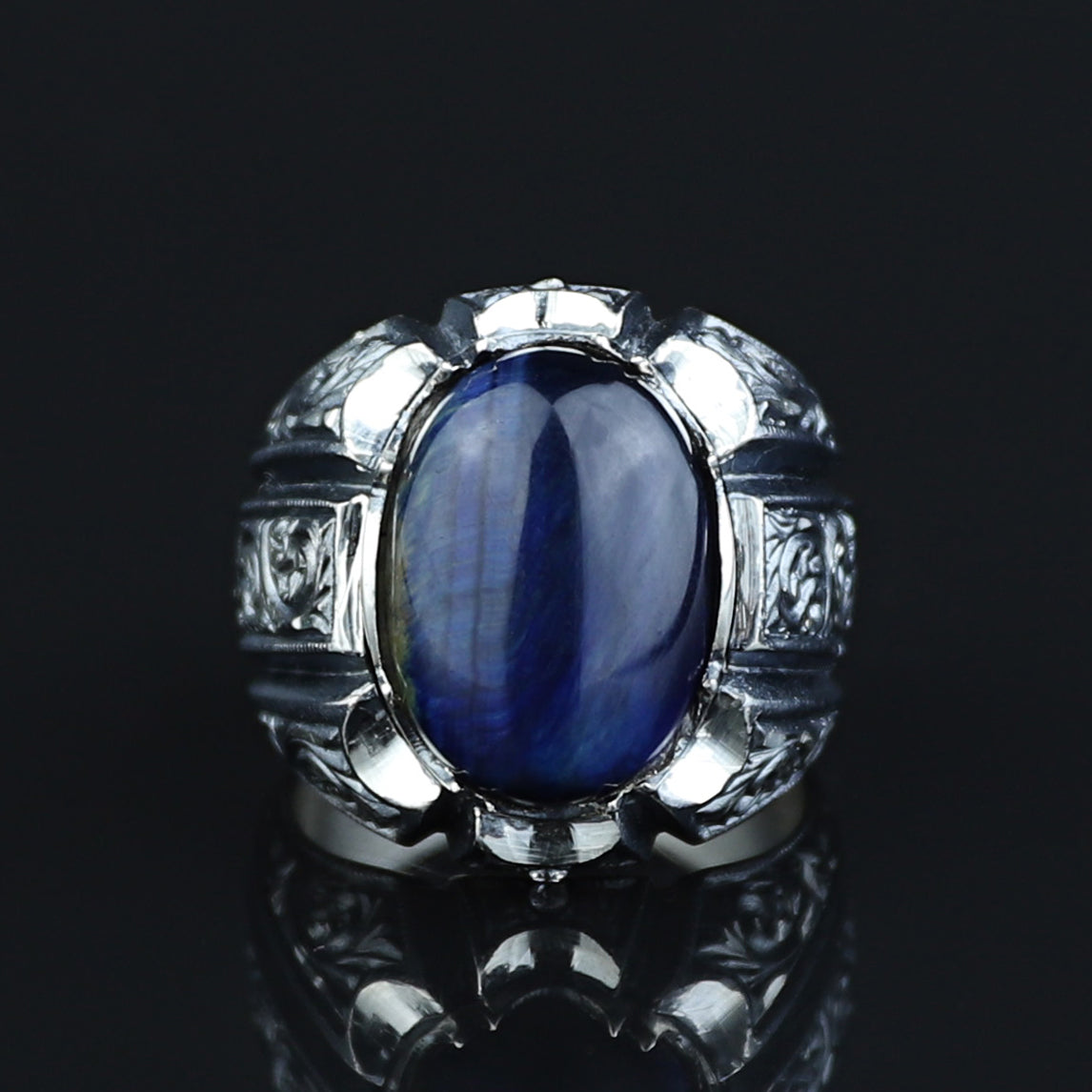 925 Sterling Silver Handmade Blue Tiger Eye Gemstone Ottoman Style Ring