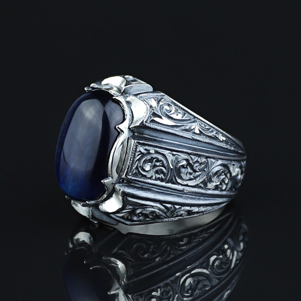 925 Sterling Silver Handmade Blue Tiger Eye Gemstone Ottoman Style Ring