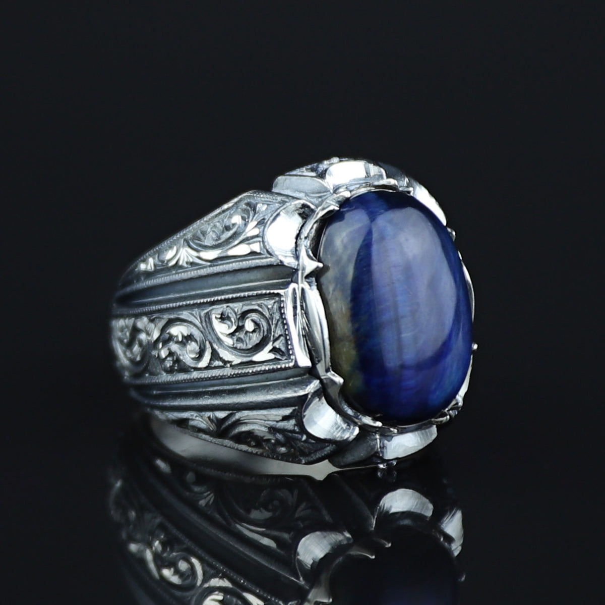 925 Sterling Silver Handmade Blue Tiger Eye Gemstone Ottoman Style Ring