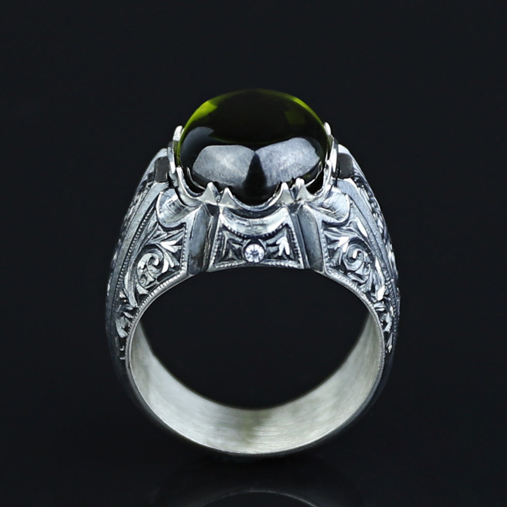 925 Sterling Silver Men Oval Peridot Gemstone Ottoman Style Ring