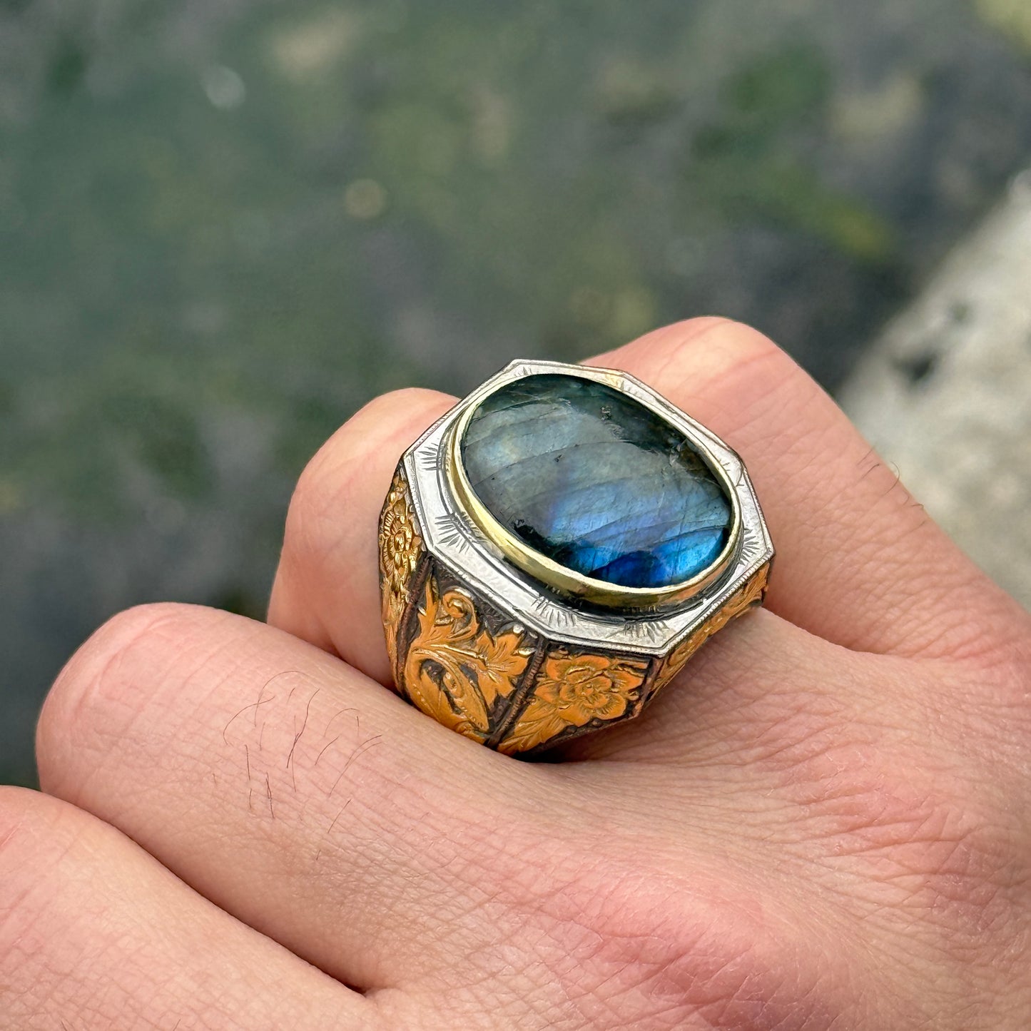 Men Silver Handmade Gold Plated Natural Labradorite Engraved Ring