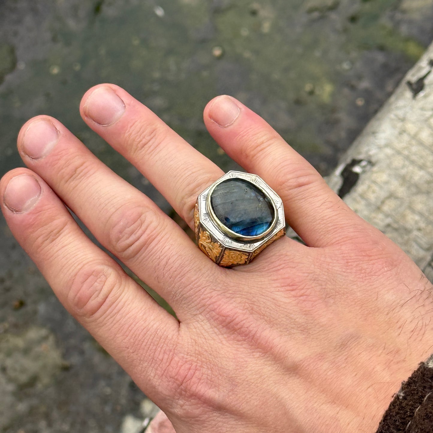 Men Silver Handmade Gold Plated Natural Labradorite Engraved Ring