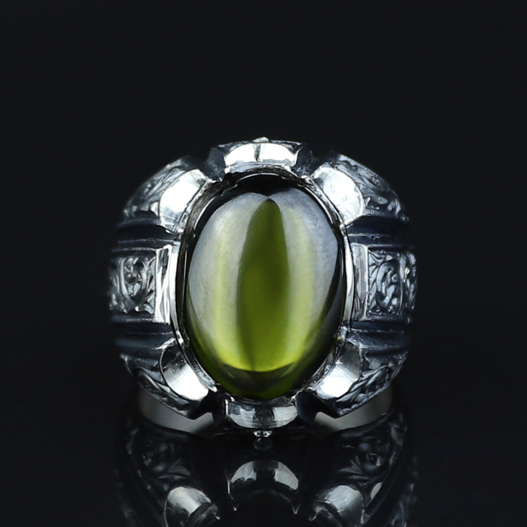 925 Sterling Silver Men Oval Peridot Gemstone Ottoman Style Ring