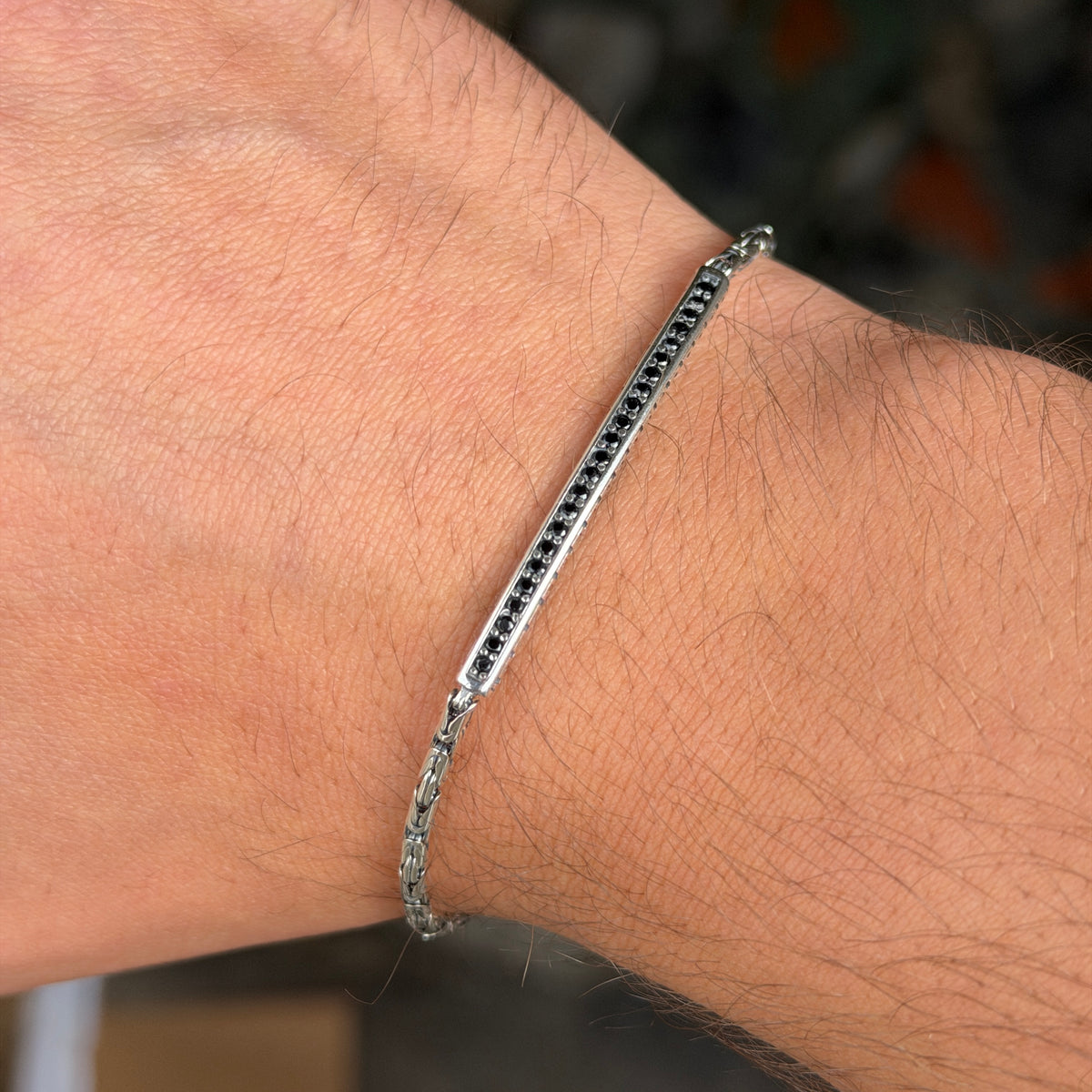 925 Sterling Silver Black Onyx Byzantine Chain Bracelet for Men