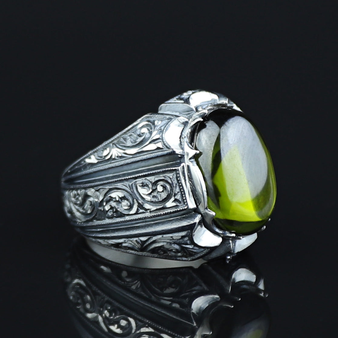 925 Sterling Silver Men Oval Peridot Gemstone Ottoman Style Ring