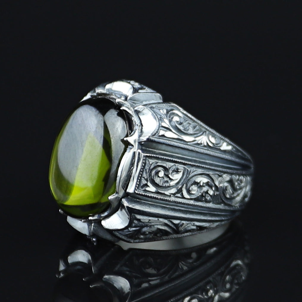 925 Sterling Silver Men Oval Peridot Gemstone Ottoman Style Ring