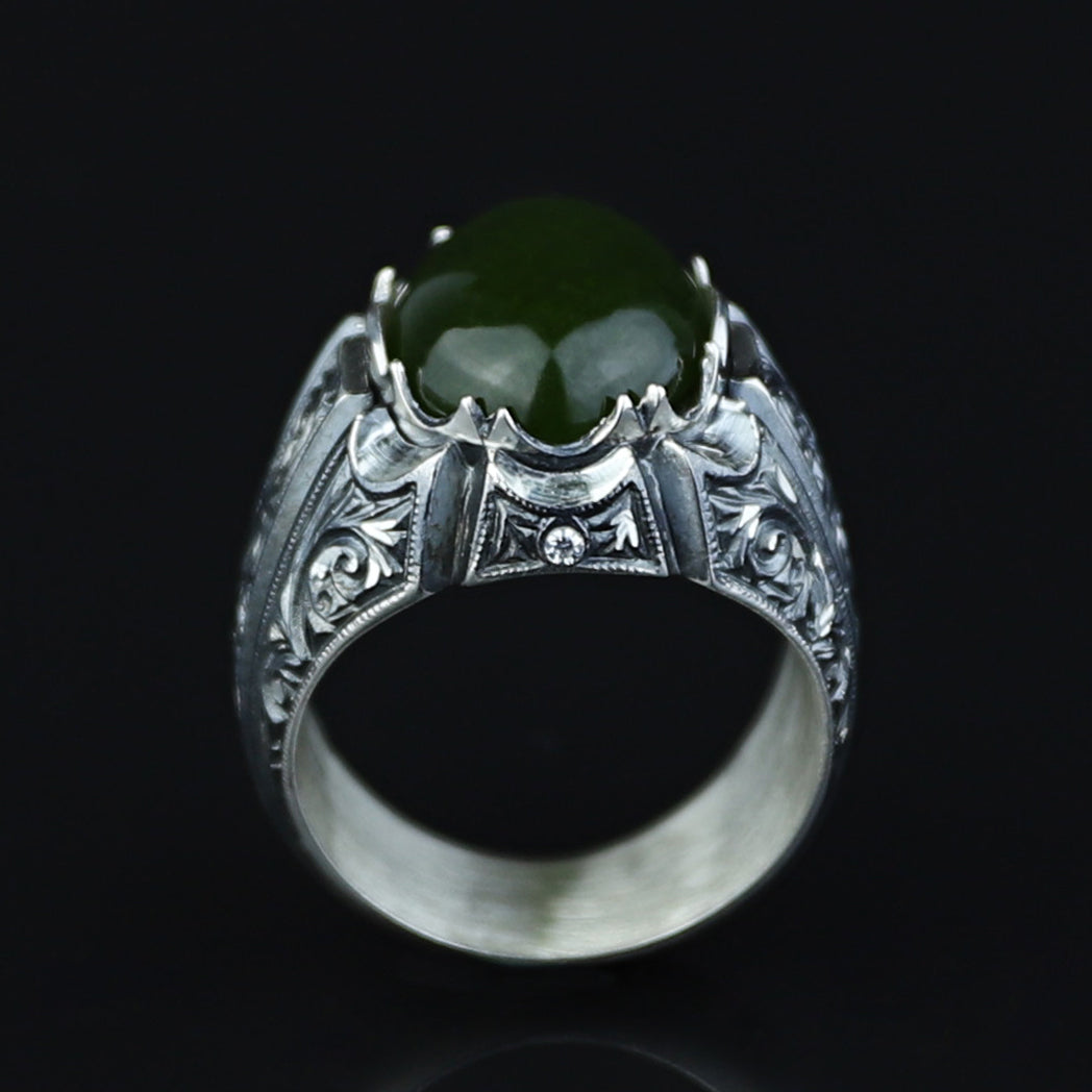 925 Men Silver Handmade Green Jade Gemstone Ottoman Style Ring