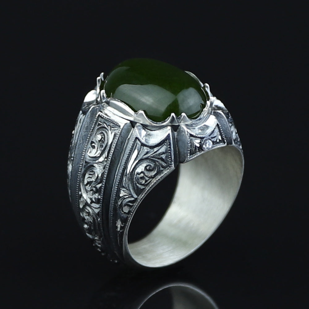 925 Men Silver Handmade Green Jade Gemstone Ottoman Style Ring