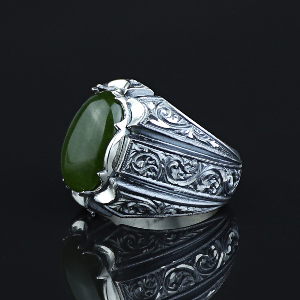 925 Men Silver Handmade Green Jade Gemstone Ottoman Style Ring