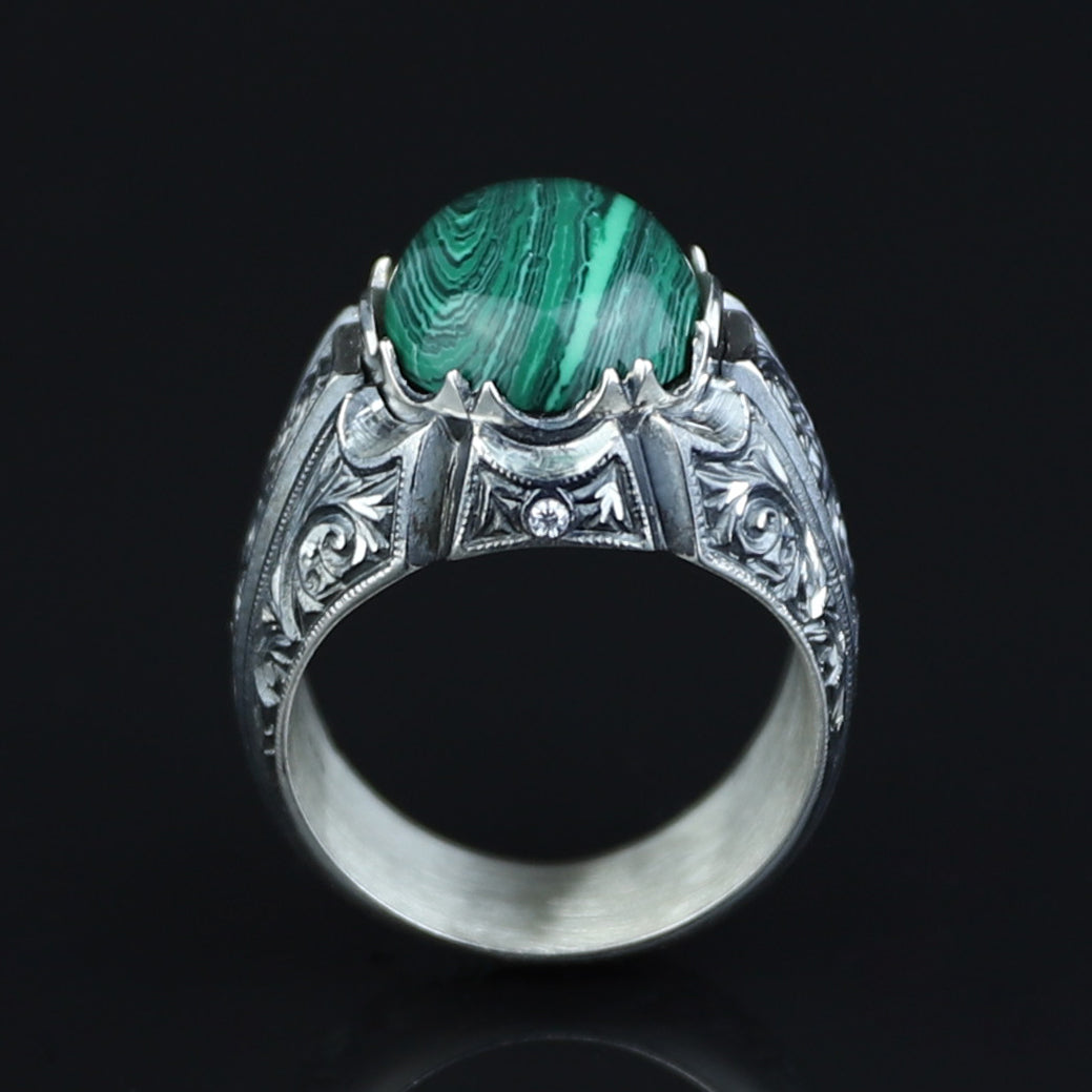 Men Handmade Engraved Natural Malachite Stone Ring