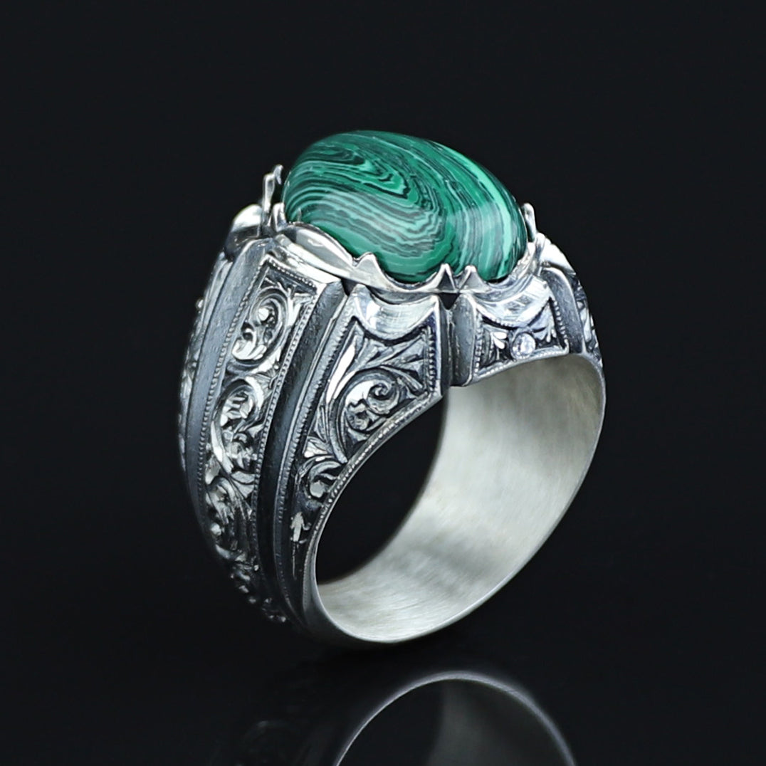 Men Handmade Engraved Natural Malachite Stone Ring