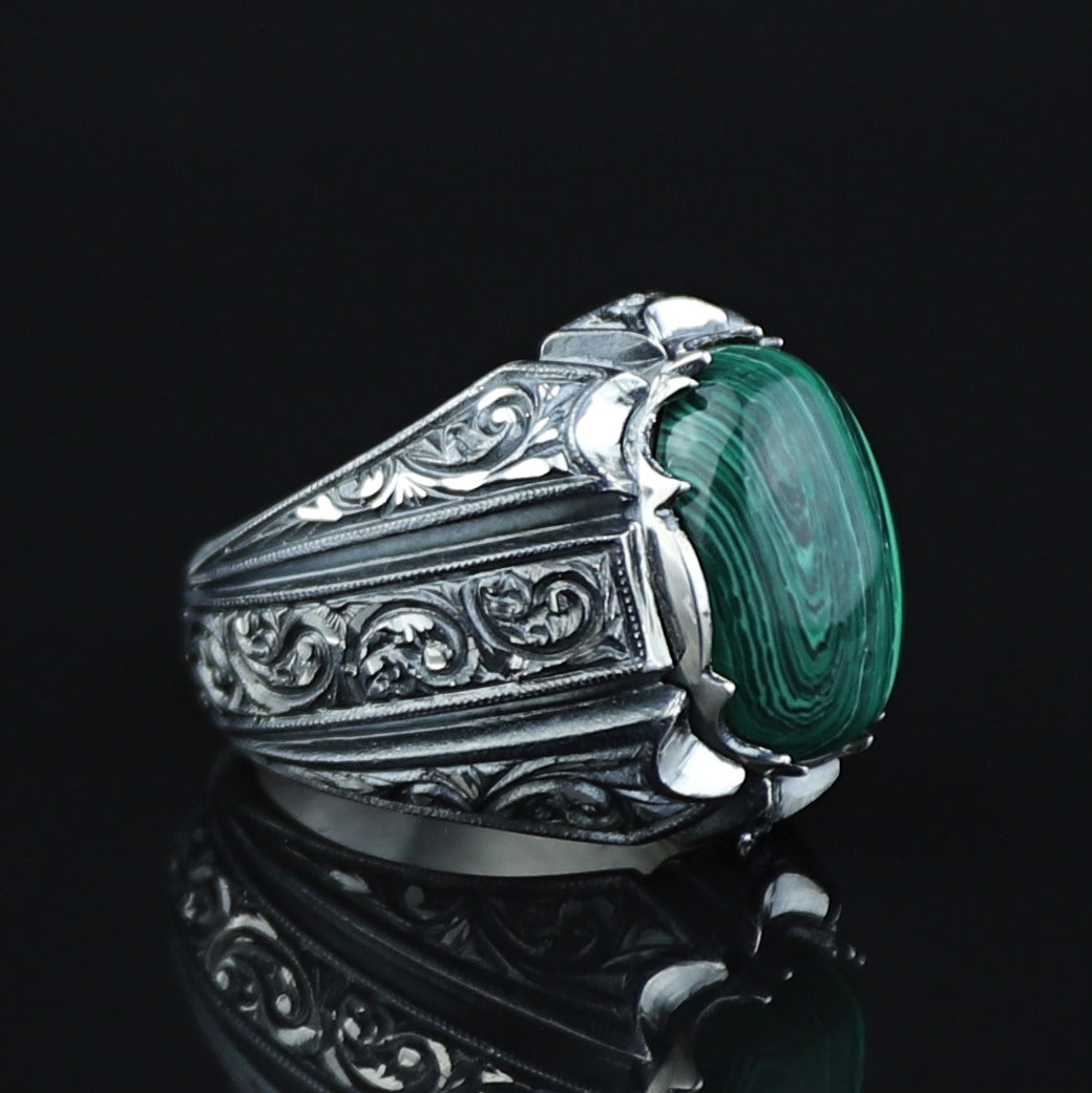 Men Handmade Engraved Natural Malachite Stone Ring