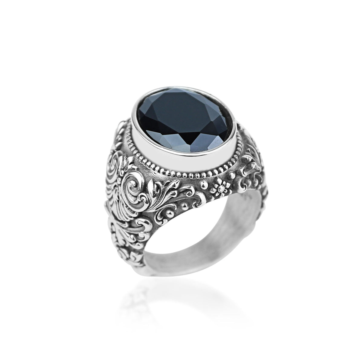Men Silver Engraved Black Onyx Vintage Ring