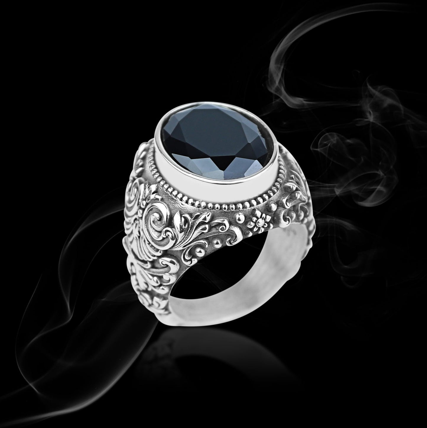 Men Silver Engraved Black Onyx Vintage Ring