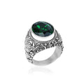 Men Silver Engraved Oval Emerald Gemstone Ring