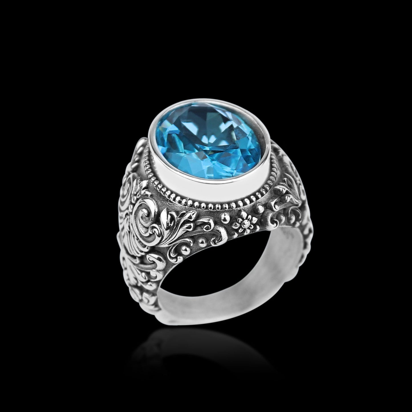 Men Silver Handmade Engraved Aquamarine Gemstone Ring