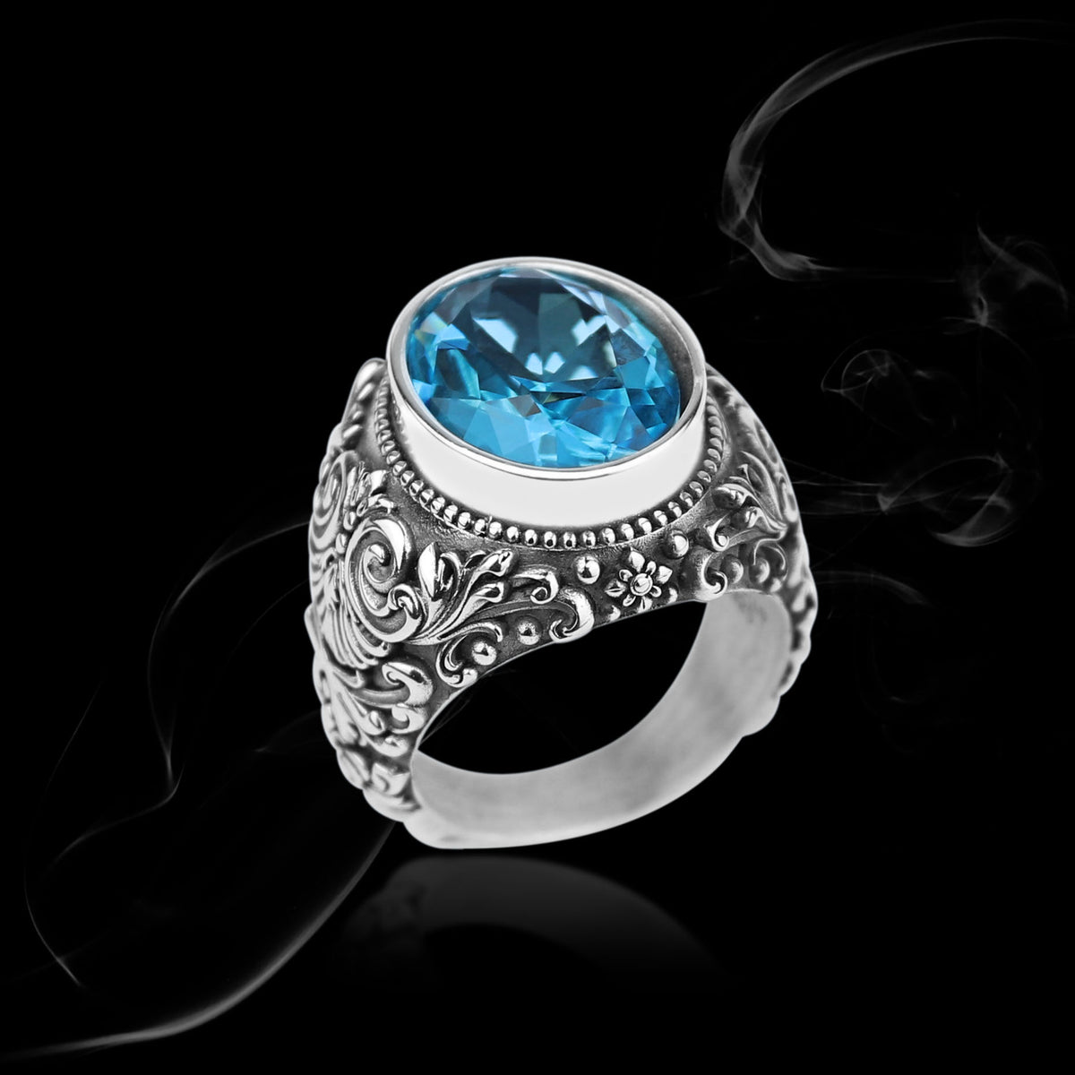 Men Silver Handmade Engraved Aquamarine Gemstone Ring