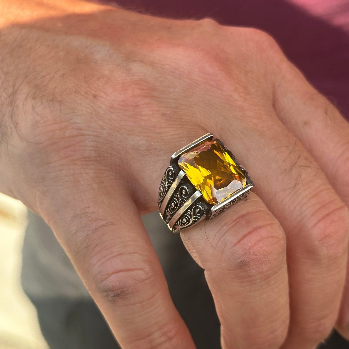 Men Handmade Engraved Yellow Citrine Stone Ring