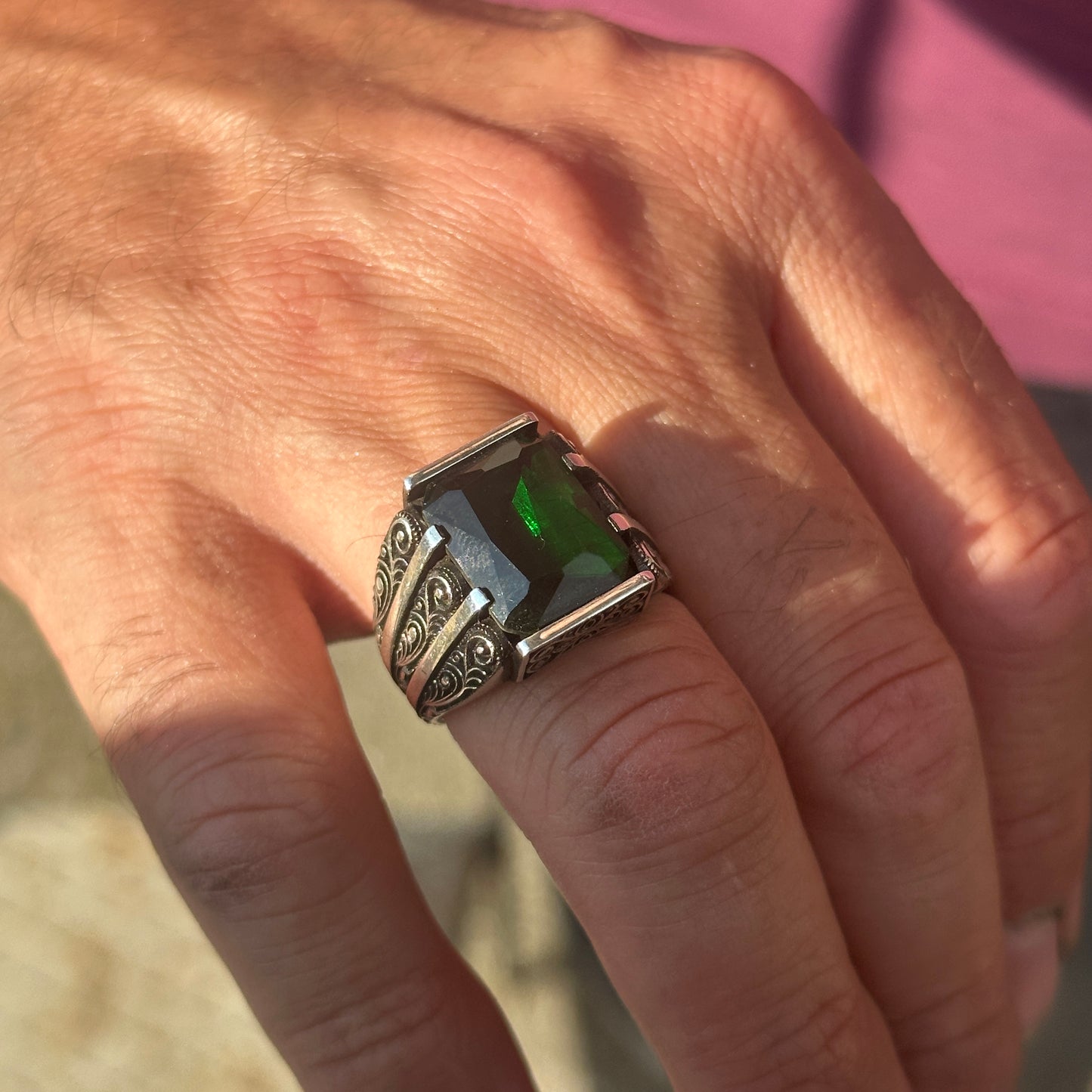 Men Handmade Green Emerald Gemstone Handmade Ring