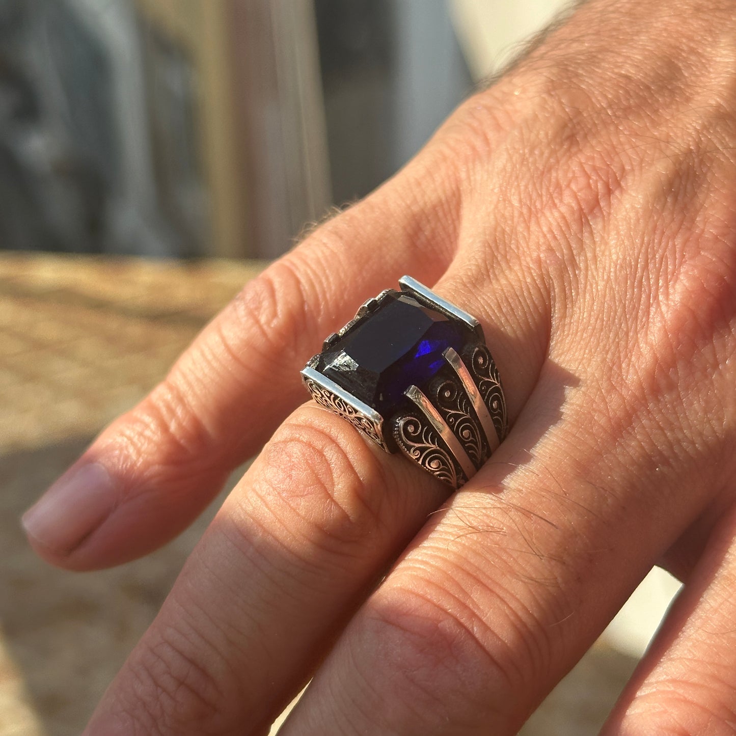 Men Handmade Blue Sapphire Stone Engraved Ring