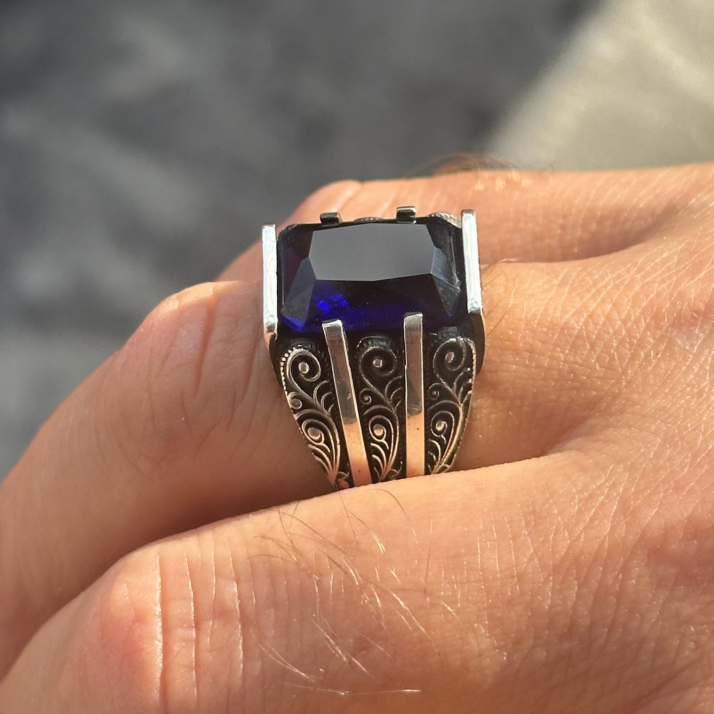 Men Handmade Blue Sapphire Stone Engraved Ring