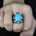 925 Men Handmade Natural Blue Turquoise Gemstone Engraved Ring