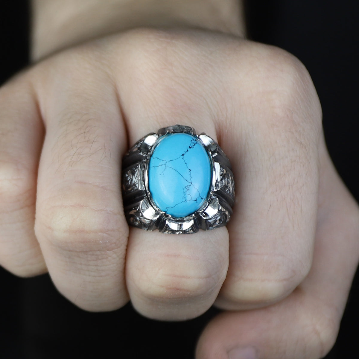 925 Men Handmade Natural Blue Turquoise Gemstone Engraved Ring