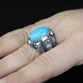 925 Men Handmade Natural Blue Turquoise Gemstone Engraved Ring
