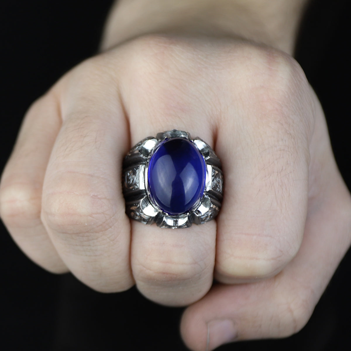 Men Handmade Engraved Blue Sapphire Gemstone Signet Ring