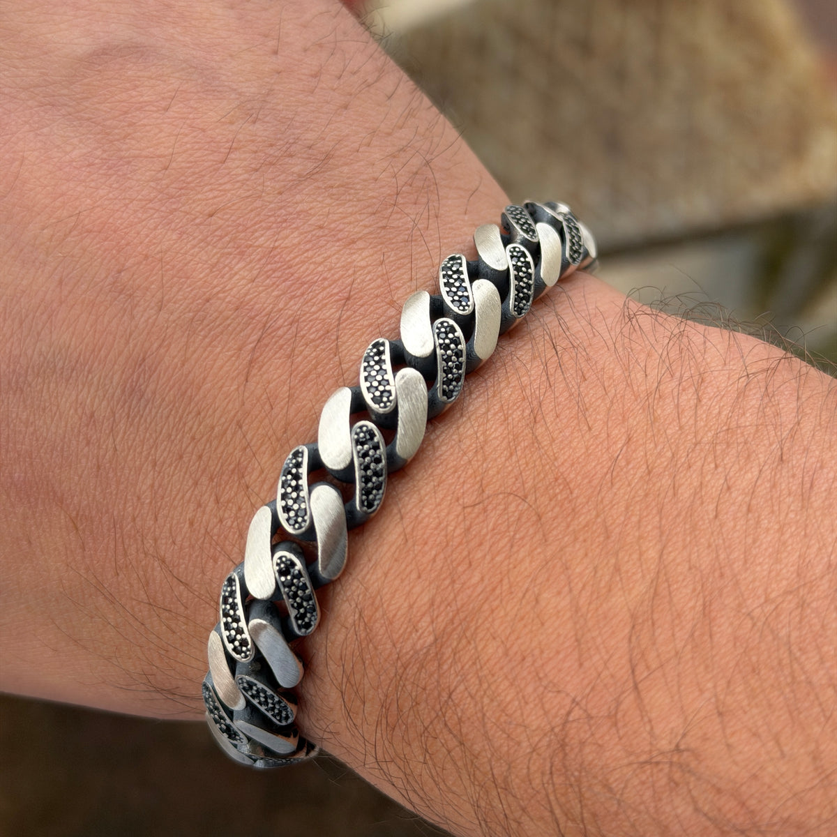 925 Sterling Silver 11mm Black CZ Cuban Bracelet for Men