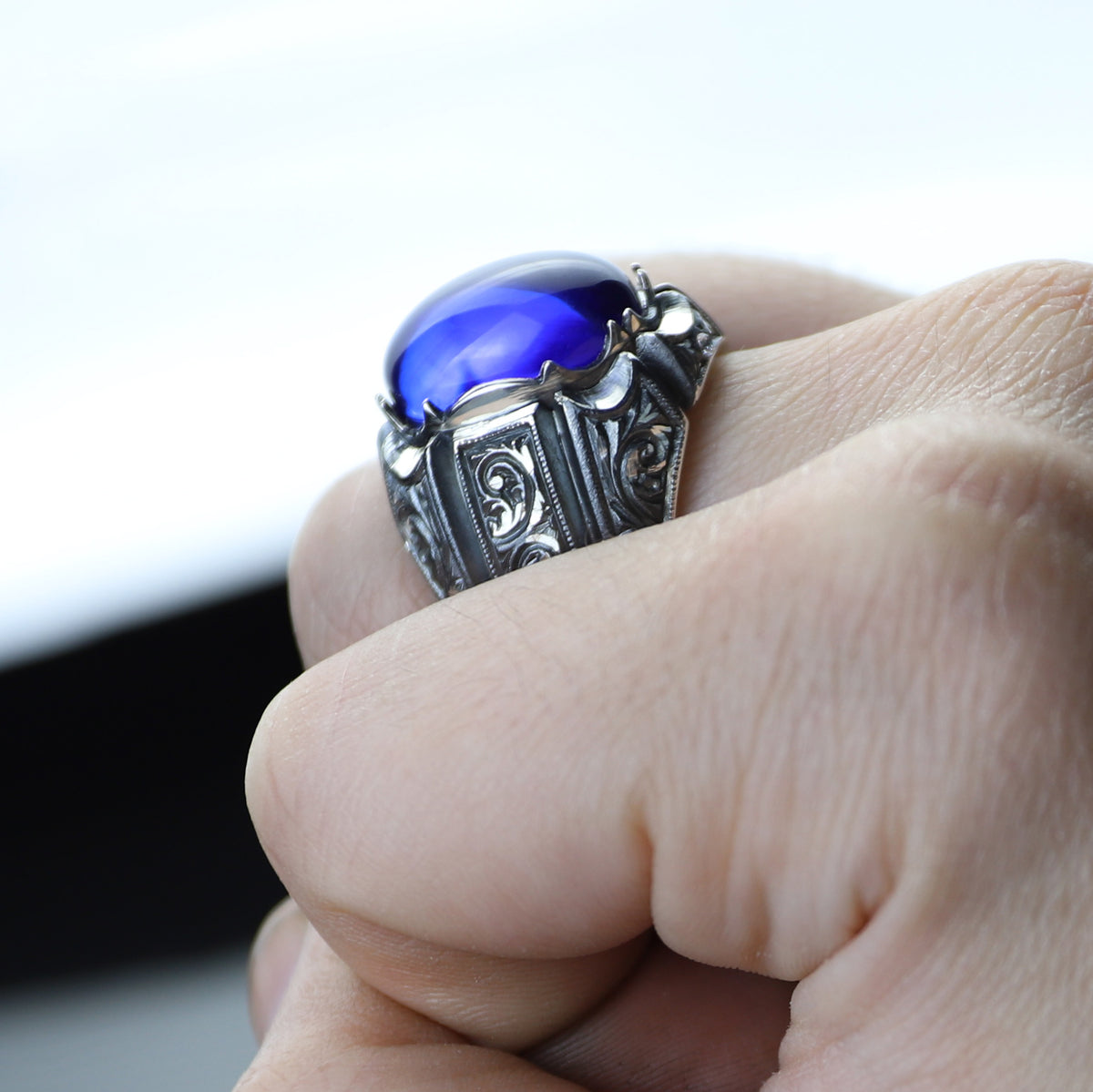 Men Handmade Engraved Blue Sapphire Gemstone Signet Ring