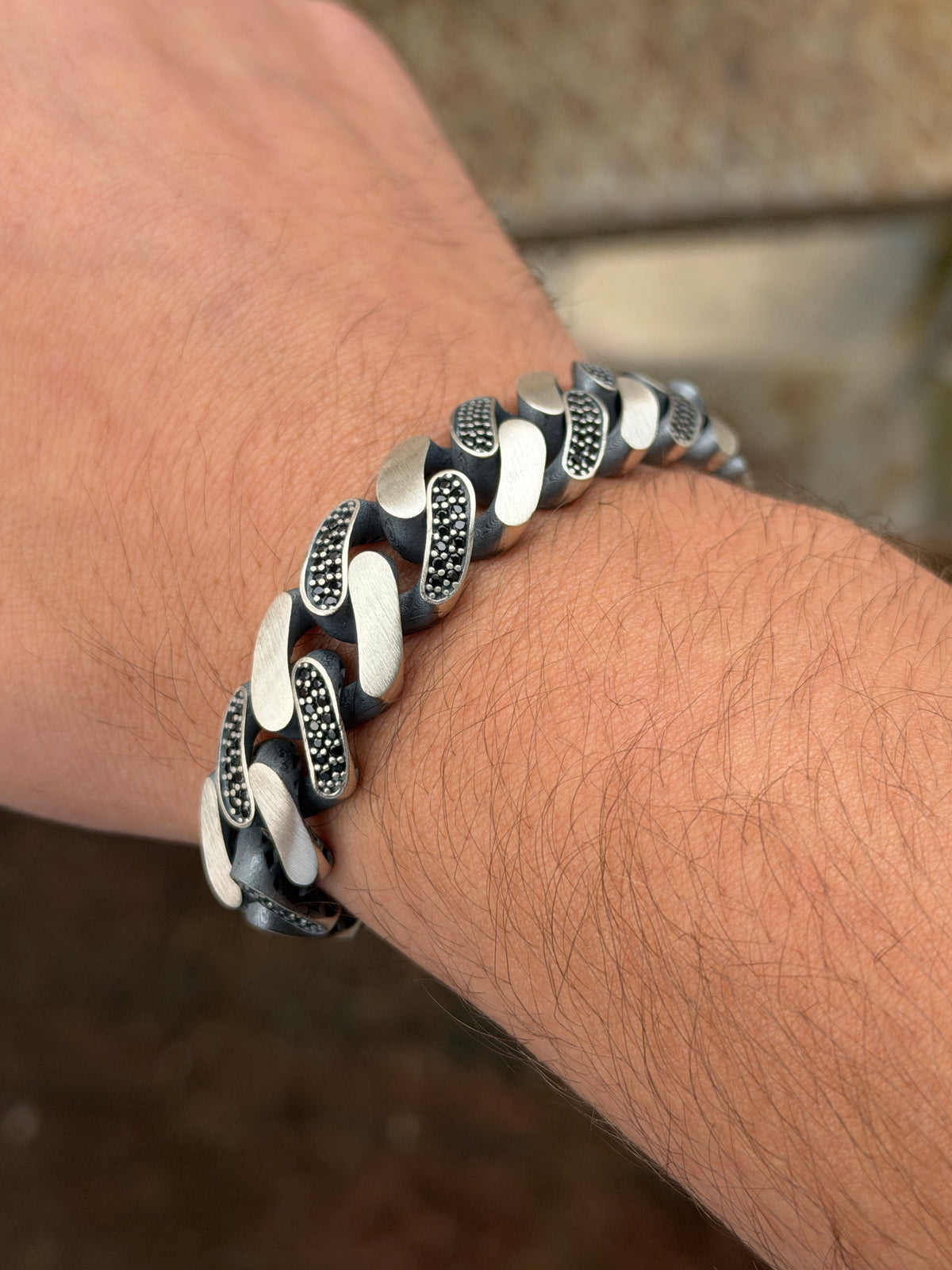 925 Sterling Silver 15mm Black Onyx Cuban Chain Bracelet for Men
