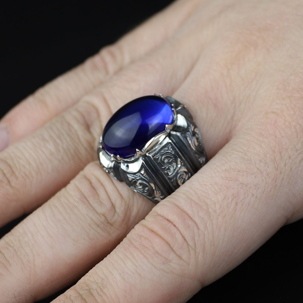 Men Handmade Engraved Blue Sapphire Gemstone Signet Ring