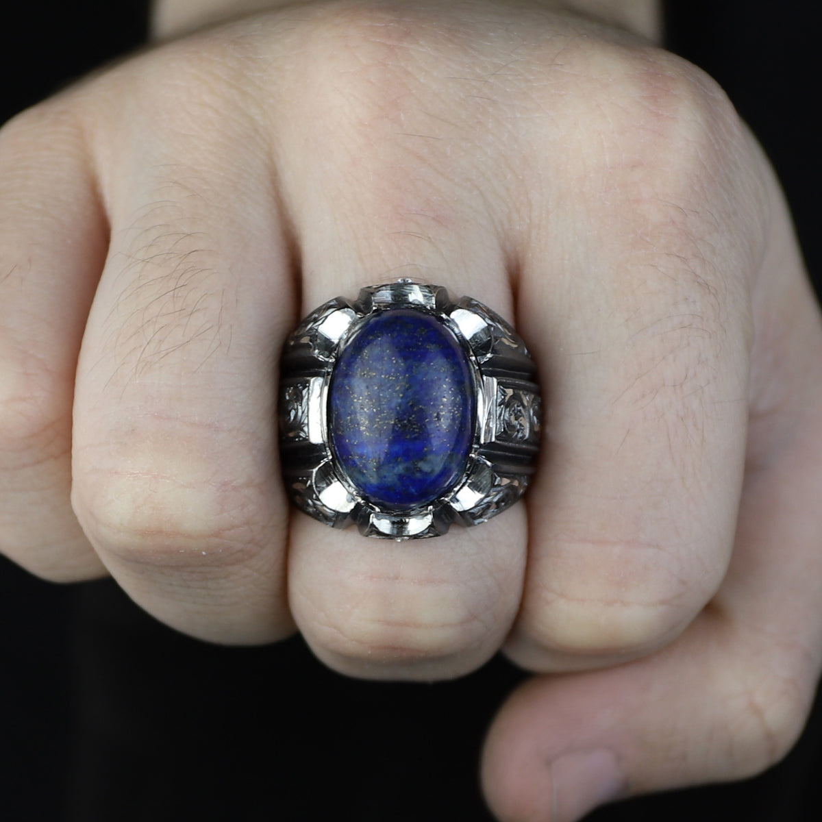 Men Handmade Natural Lapis Lazuli Gemstone Ottoman Style Engraved Ring