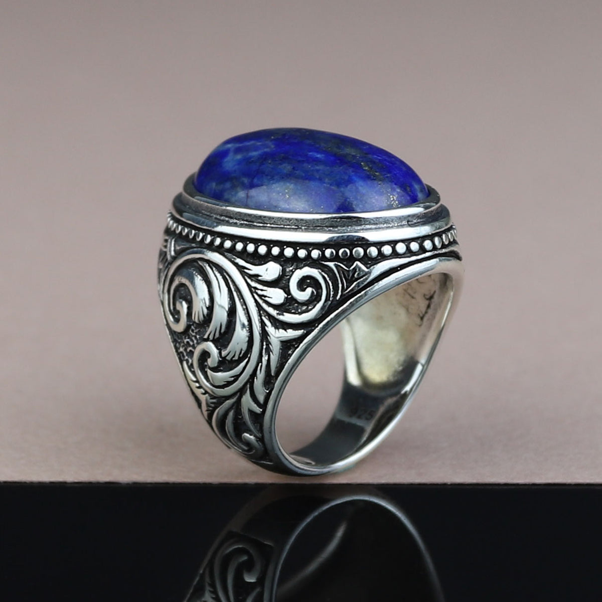 Men Handmade Large Natural Lapis Lazuli Gemstone Ring