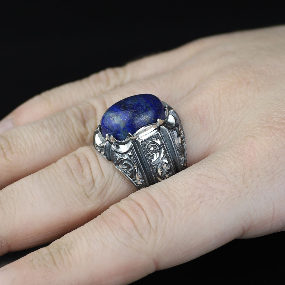 Men Handmade Natural Lapis Lazuli Gemstone Ottoman Style Engraved Ring