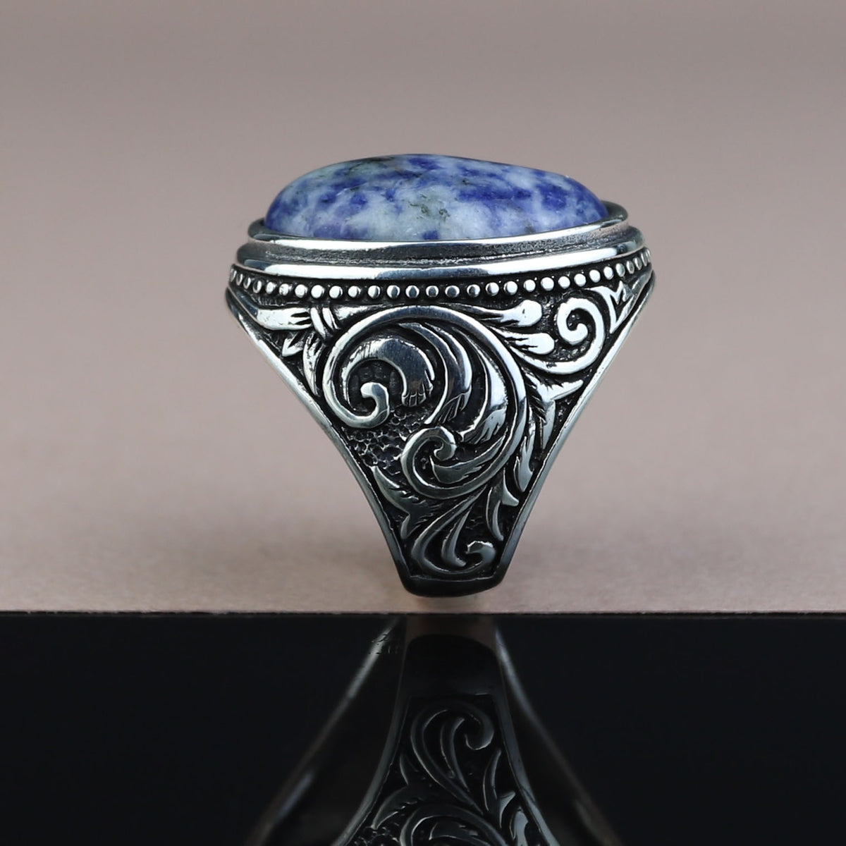 925 Silver Men Handmade Natural Engraved Lapis Lazuli Gemstone Ring