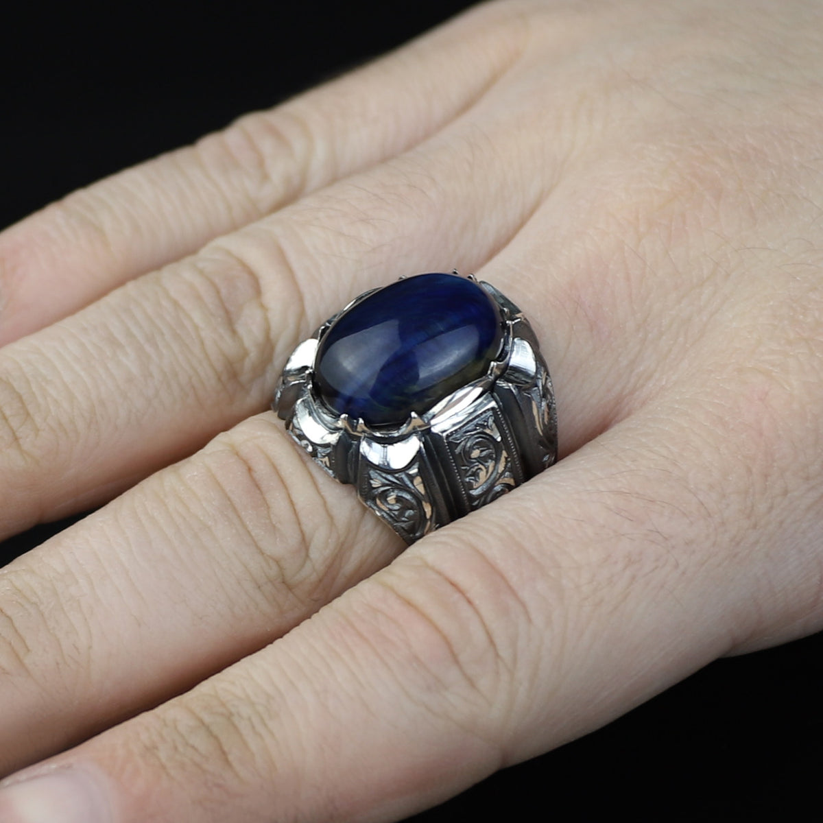 925 Sterling Silver Handmade Blue Tiger Eye Gemstone Ottoman Style Ring