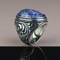 925 Silver Men Handmade Natural Engraved Lapis Lazuli Gemstone Ring