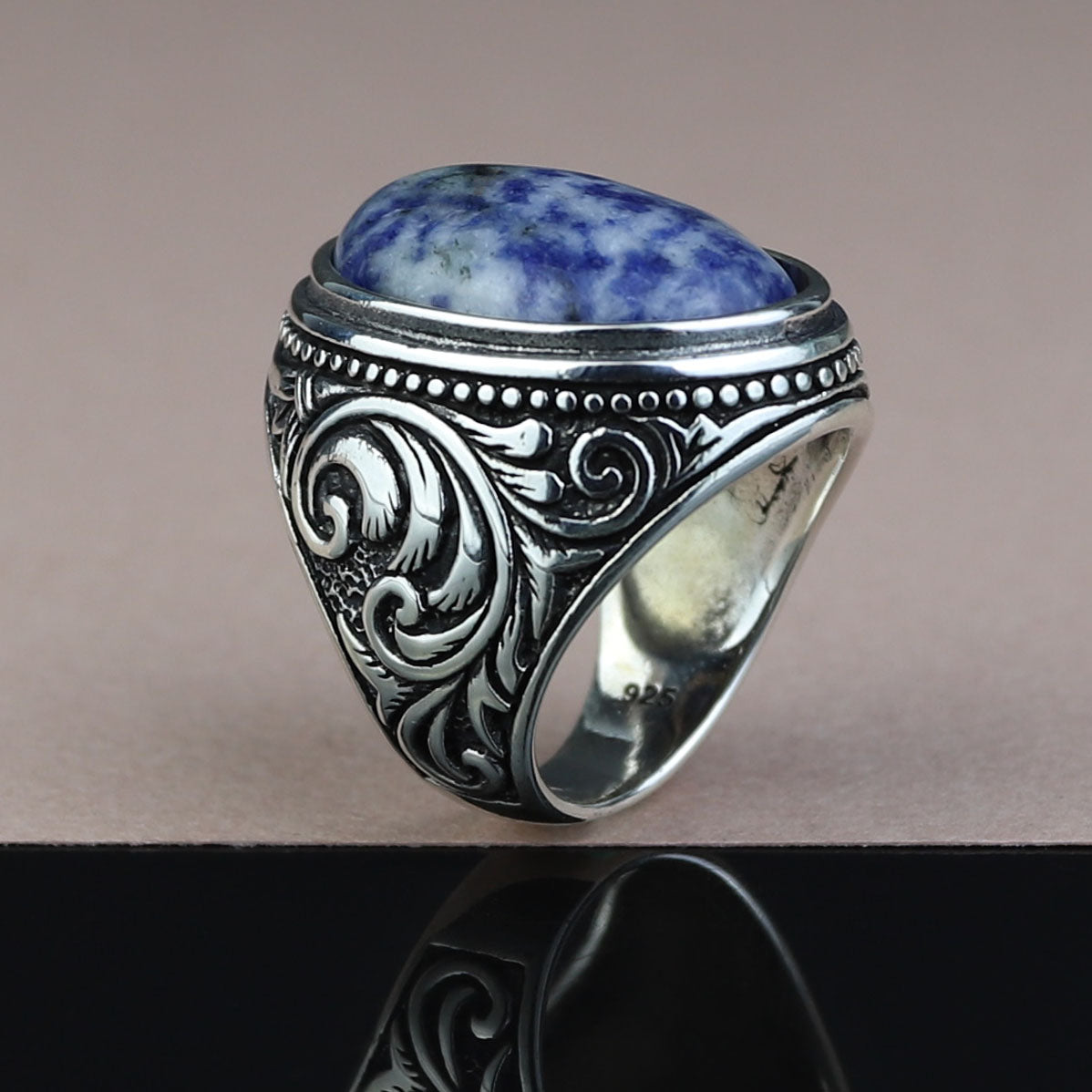 925 Silver Men Handmade Natural Engraved Lapis Lazuli Gemstone Ring