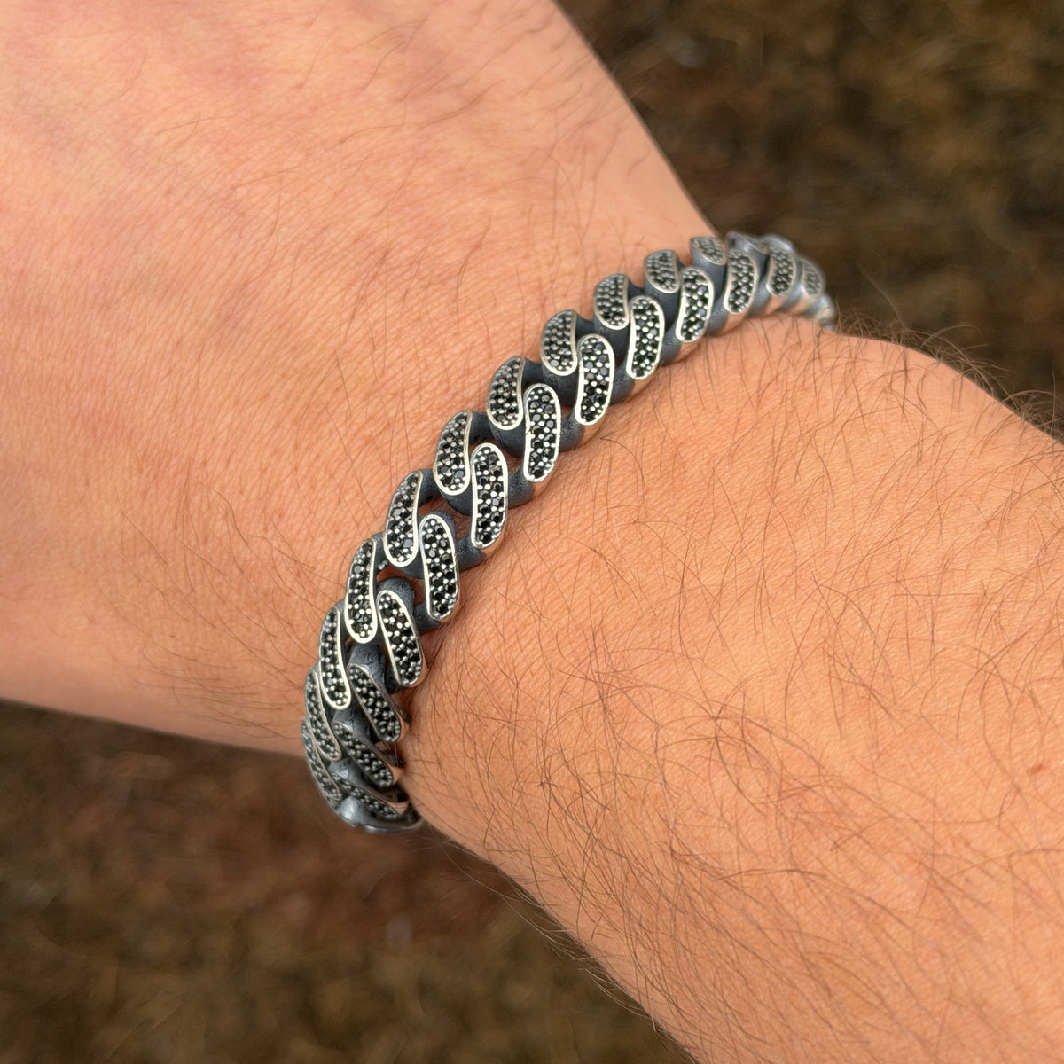 925 Sterling Silver 12mm Black CZ Cuban Chain Bracelet for Men