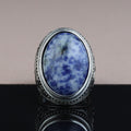 925 Silver Men Handmade Natural Engraved Lapis Lazuli Gemstone Ring