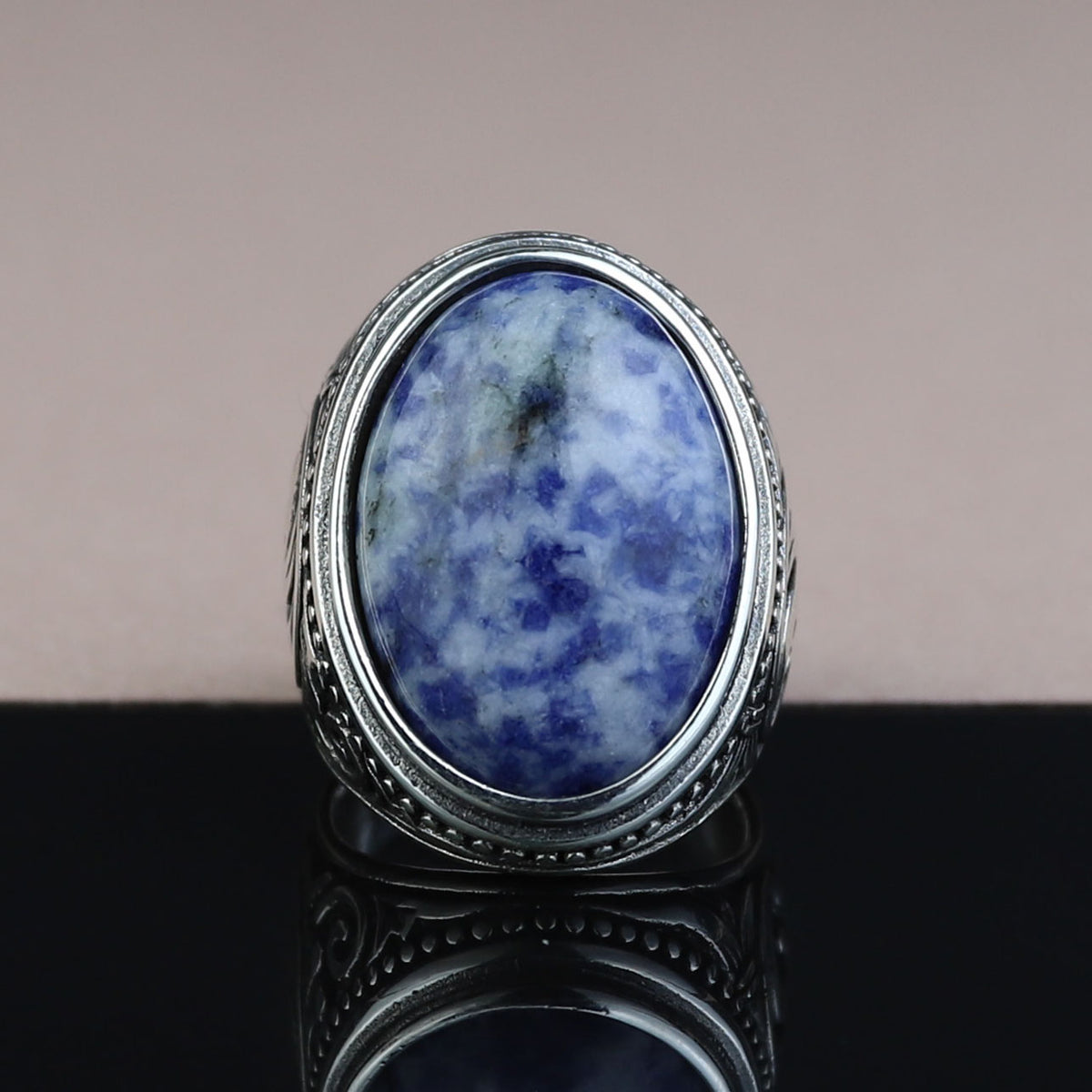 925 Silver Men Handmade Natural Engraved Lapis Lazuli Gemstone Ring