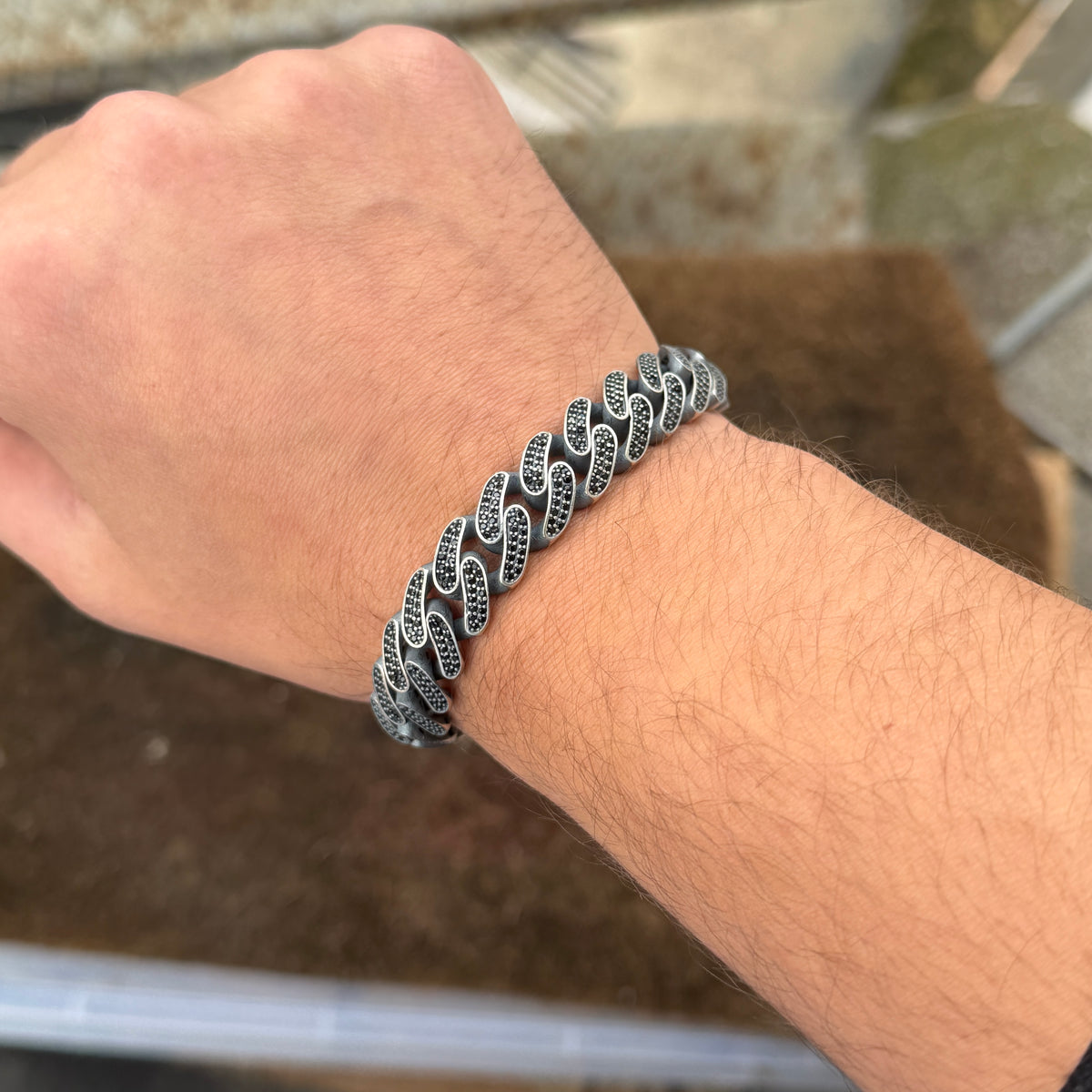 925 Sterling Silver 13mm Black Onyx Cuban Chain Bracelet for Men