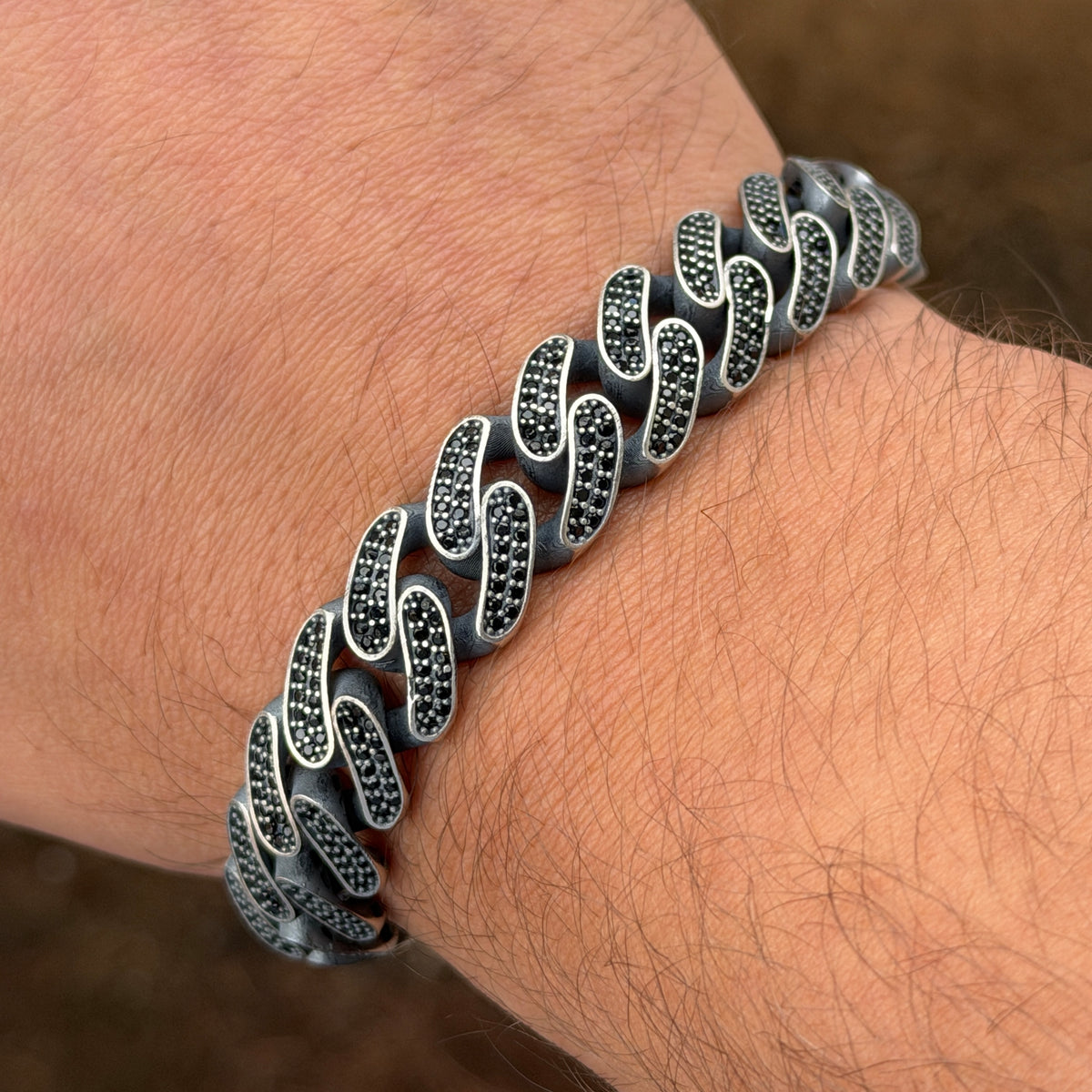 925 Sterling Silver 13mm Black Onyx Cuban Chain Bracelet for Men
