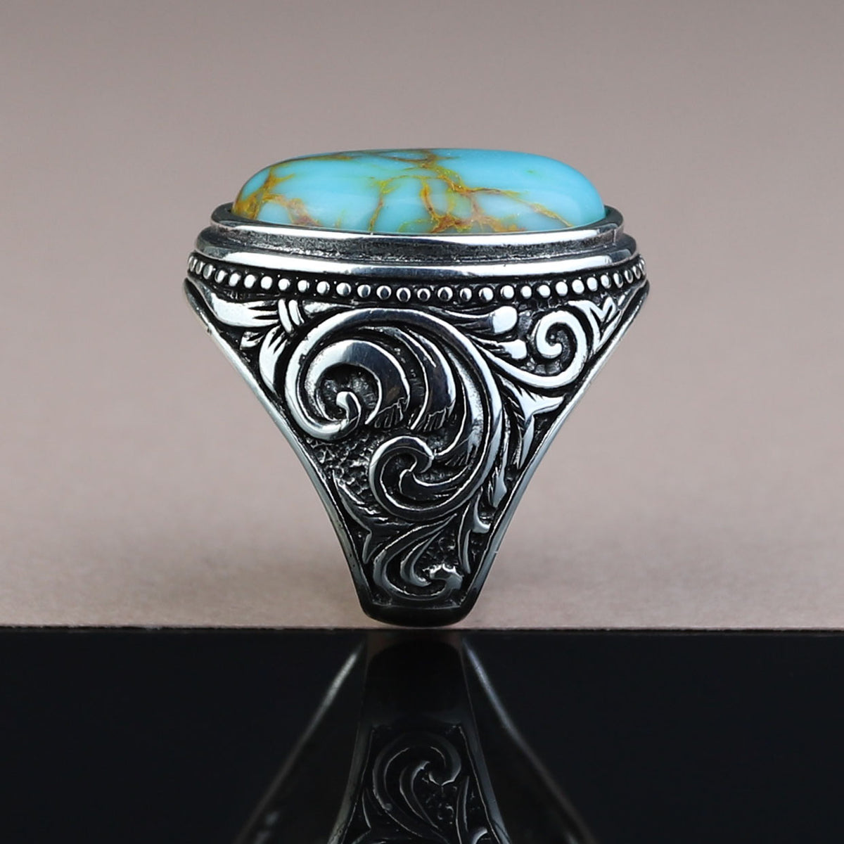 Men Solid Silver Handmade Natural Oval Turquoise Gemstone Ring